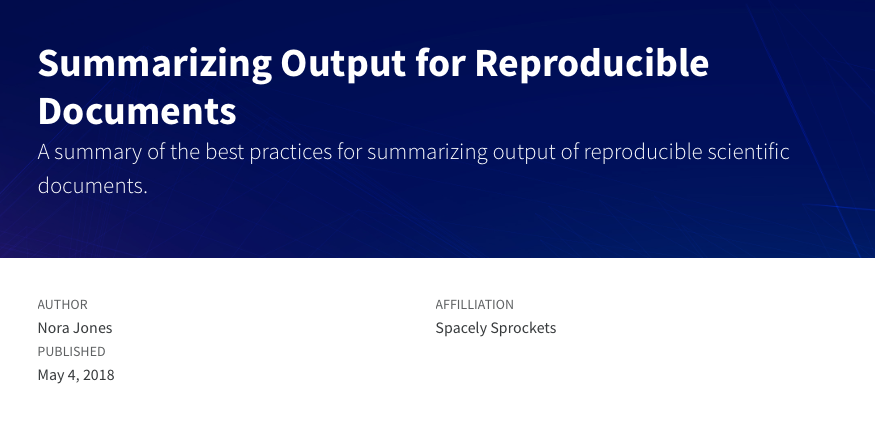 Title block with title and description against an image background up top, and below a section with author, affiliation, and date published.