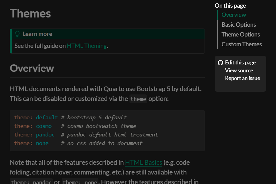 A screen shot of a Quarto document. Underneath the page table of contents on the right side are three options: 'Edit this page', 'View source' and 'Report an issue'. There is a Github icon to the left of 'Edit this Page.'